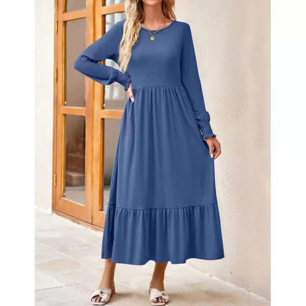 imageZESICA Womens 2023 Fall Long Sleeve Dress Crewneck Casual Loose Pleated Tiered Swing Maxi Dresses with PocketsDustyblue