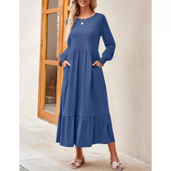 imageZESICA Womens 2023 Fall Long Sleeve Dress Crewneck Casual Loose Pleated Tiered Swing Maxi Dresses with PocketsDustyblue
