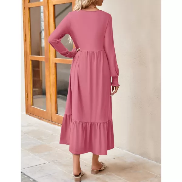 imageZESICA Womens 2023 Fall Long Sleeve Dress Crewneck Casual Loose Pleated Tiered Swing Maxi Dresses with PocketsPink