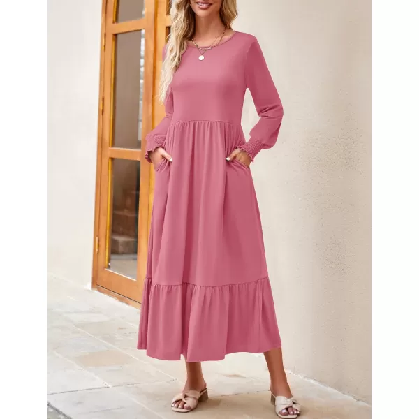 imageZESICA Womens 2023 Fall Long Sleeve Dress Crewneck Casual Loose Pleated Tiered Swing Maxi Dresses with PocketsPink
