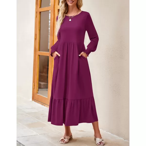 imageZESICA Womens 2023 Fall Long Sleeve Dress Crewneck Casual Loose Pleated Tiered Swing Maxi Dresses with PocketsPlum