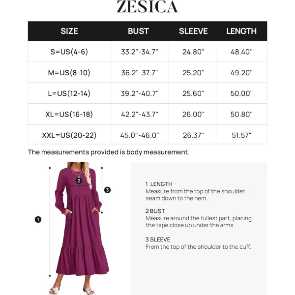 imageZESICA Womens 2023 Fall Long Sleeve Dress Crewneck Casual Loose Pleated Tiered Swing Maxi Dresses with PocketsPlum