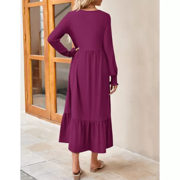 imageZESICA Womens 2023 Fall Long Sleeve Dress Crewneck Casual Loose Pleated Tiered Swing Maxi Dresses with PocketsPlum
