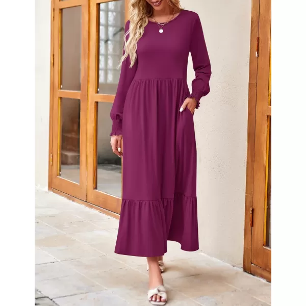 imageZESICA Womens 2023 Fall Long Sleeve Dress Crewneck Casual Loose Pleated Tiered Swing Maxi Dresses with PocketsPlum