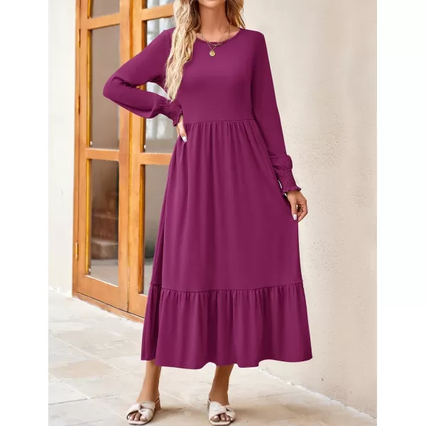 imageZESICA Womens 2023 Fall Long Sleeve Dress Crewneck Casual Loose Pleated Tiered Swing Maxi Dresses with PocketsPlum