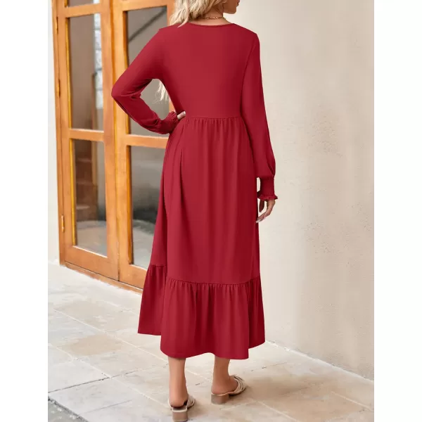 imageZESICA Womens 2023 Fall Long Sleeve Dress Crewneck Casual Loose Pleated Tiered Swing Maxi Dresses with PocketsRed