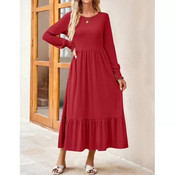 imageZESICA Womens 2023 Fall Long Sleeve Dress Crewneck Casual Loose Pleated Tiered Swing Maxi Dresses with PocketsRed