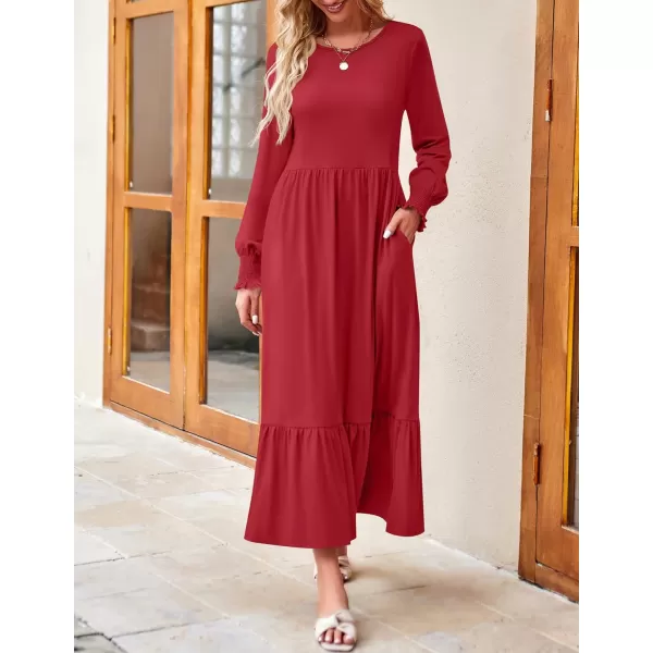 imageZESICA Womens 2023 Fall Long Sleeve Dress Crewneck Casual Loose Pleated Tiered Swing Maxi Dresses with PocketsRed