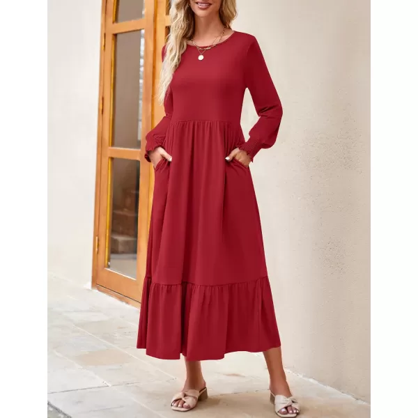 imageZESICA Womens 2023 Fall Long Sleeve Dress Crewneck Casual Loose Pleated Tiered Swing Maxi Dresses with PocketsRed