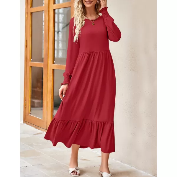 imageZESICA Womens 2023 Fall Long Sleeve Dress Crewneck Casual Loose Pleated Tiered Swing Maxi Dresses with PocketsRed