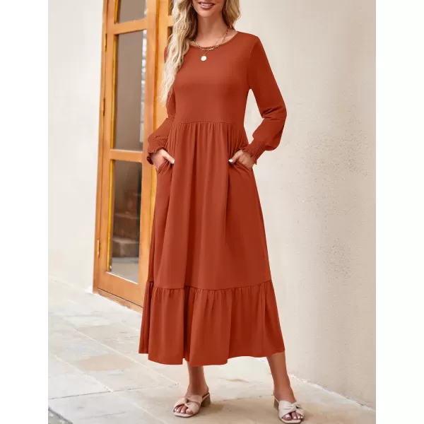 imageZESICA Womens 2023 Fall Long Sleeve Dress Crewneck Casual Loose Pleated Tiered Swing Maxi Dresses with PocketsRust