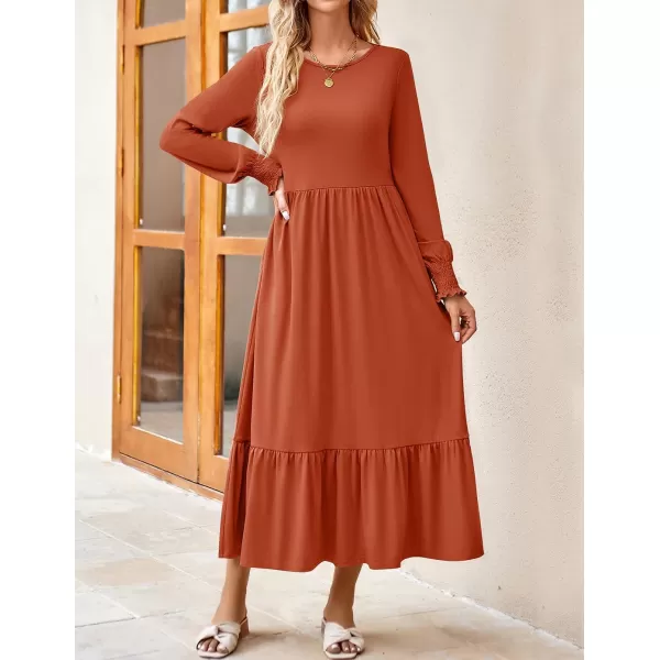 imageZESICA Womens 2023 Fall Long Sleeve Dress Crewneck Casual Loose Pleated Tiered Swing Maxi Dresses with PocketsRust