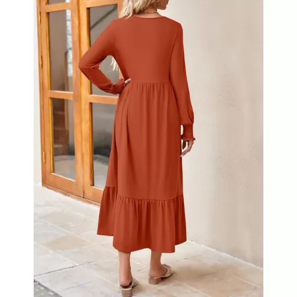 imageZESICA Womens 2023 Fall Long Sleeve Dress Crewneck Casual Loose Pleated Tiered Swing Maxi Dresses with PocketsRust