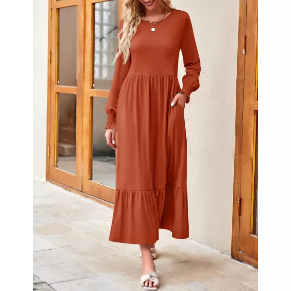 imageZESICA Womens 2023 Fall Long Sleeve Dress Crewneck Casual Loose Pleated Tiered Swing Maxi Dresses with PocketsRust