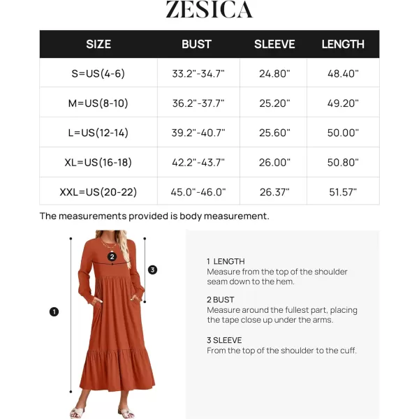 imageZESICA Womens 2023 Fall Long Sleeve Dress Crewneck Casual Loose Pleated Tiered Swing Maxi Dresses with PocketsRust
