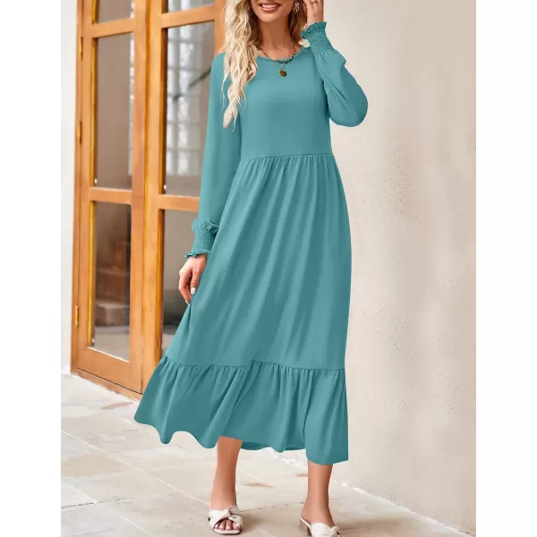 imageZESICA Womens 2023 Fall Long Sleeve Dress Crewneck Casual Loose Pleated Tiered Swing Maxi Dresses with PocketsSage