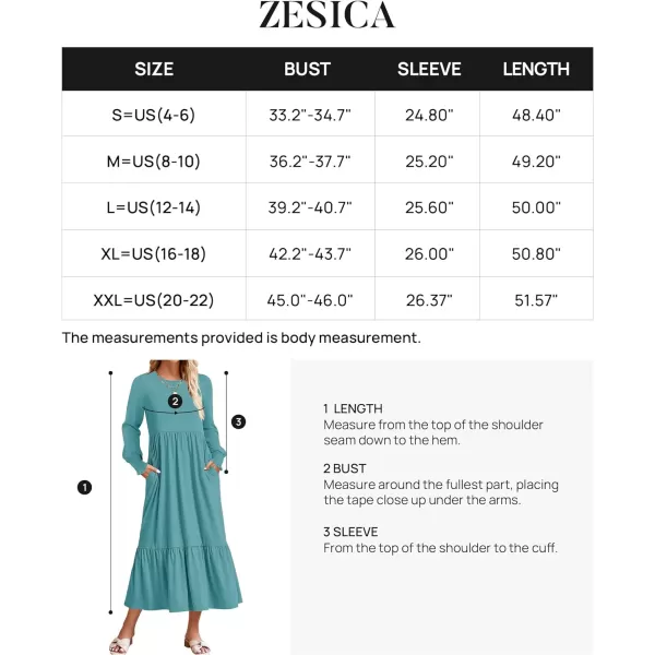 imageZESICA Womens 2023 Fall Long Sleeve Dress Crewneck Casual Loose Pleated Tiered Swing Maxi Dresses with PocketsSage