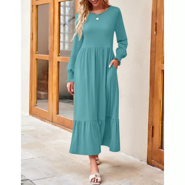 imageZESICA Womens 2023 Fall Long Sleeve Dress Crewneck Casual Loose Pleated Tiered Swing Maxi Dresses with PocketsSage