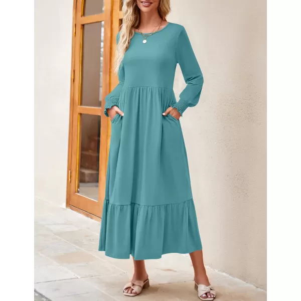 imageZESICA Womens 2023 Fall Long Sleeve Dress Crewneck Casual Loose Pleated Tiered Swing Maxi Dresses with PocketsSage