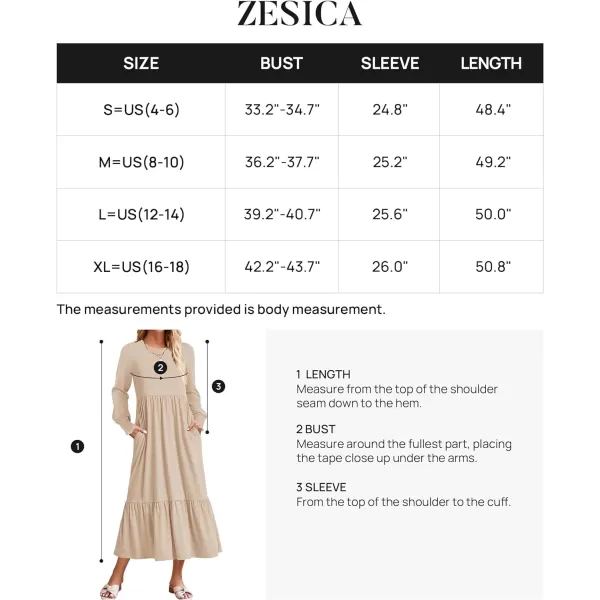 imageZESICA Womens 2023 Fall Long Sleeve Dress Crewneck Casual Loose Pleated Tiered Swing Midi Dresses with PocketsApricot