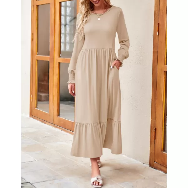 imageZESICA Womens 2023 Fall Long Sleeve Dress Crewneck Casual Loose Pleated Tiered Swing Midi Dresses with PocketsApricot