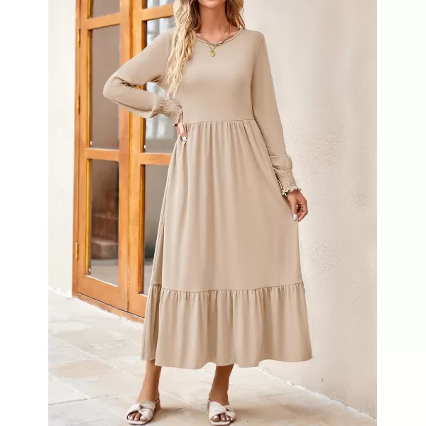 imageZESICA Womens 2023 Fall Long Sleeve Dress Crewneck Casual Loose Pleated Tiered Swing Midi Dresses with PocketsApricot