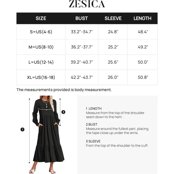 imageZESICA Womens 2023 Fall Long Sleeve Dress Crewneck Casual Loose Pleated Tiered Swing Midi Dresses with PocketsBlack