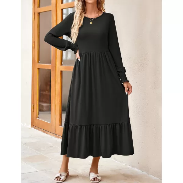 imageZESICA Womens 2023 Fall Long Sleeve Dress Crewneck Casual Loose Pleated Tiered Swing Midi Dresses with PocketsBlack