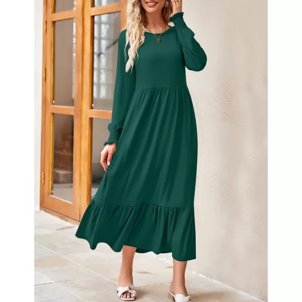 imageZESICA Womens 2023 Fall Long Sleeve Dress Crewneck Casual Loose Pleated Tiered Swing Midi Dresses with PocketsDarkgreen