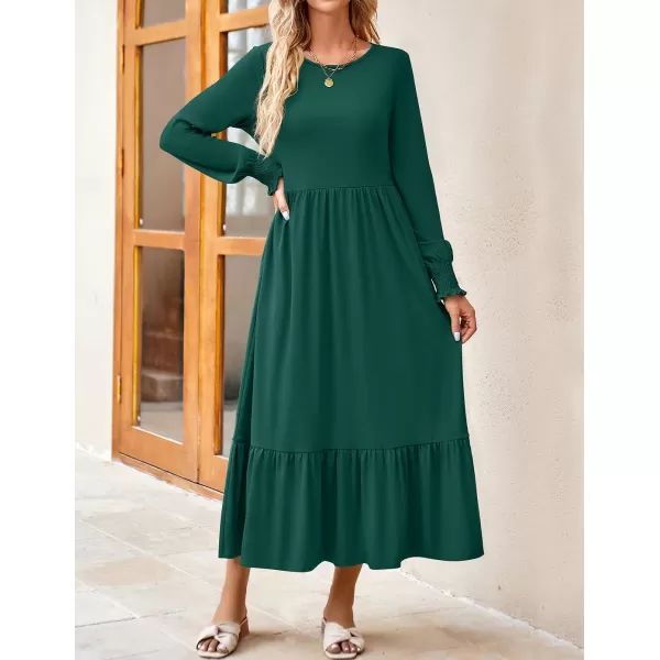 imageZESICA Womens 2023 Fall Long Sleeve Dress Crewneck Casual Loose Pleated Tiered Swing Midi Dresses with PocketsDarkgreen