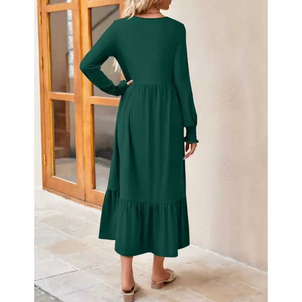 imageZESICA Womens 2023 Fall Long Sleeve Dress Crewneck Casual Loose Pleated Tiered Swing Midi Dresses with PocketsDarkgreen