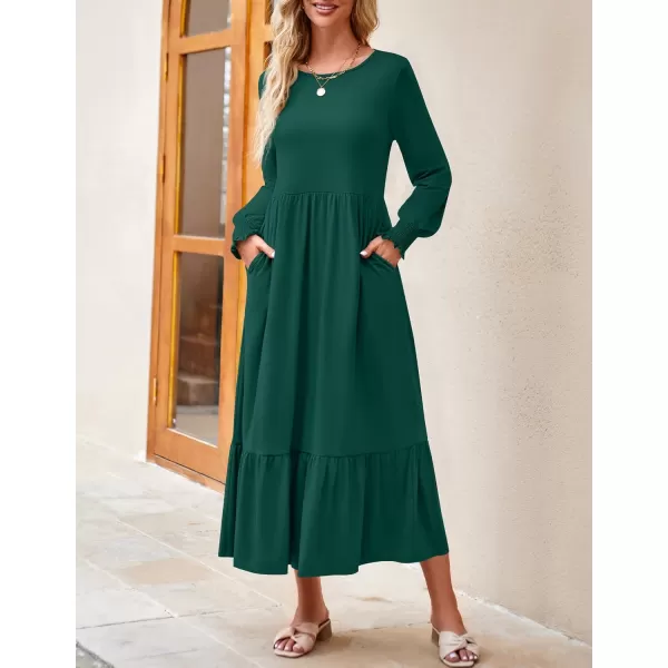 imageZESICA Womens 2023 Fall Long Sleeve Dress Crewneck Casual Loose Pleated Tiered Swing Midi Dresses with PocketsDarkgreen