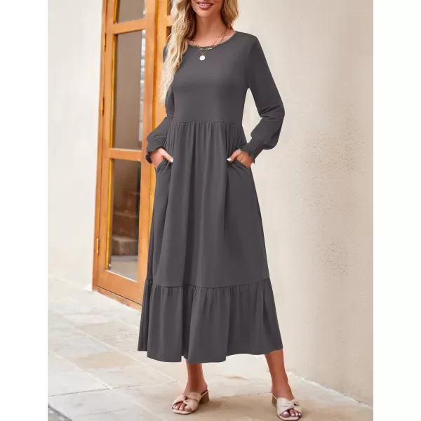 imageZESICA Womens 2023 Fall Long Sleeve Dress Crewneck Casual Loose Pleated Tiered Swing Midi Dresses with PocketsDarkgrey