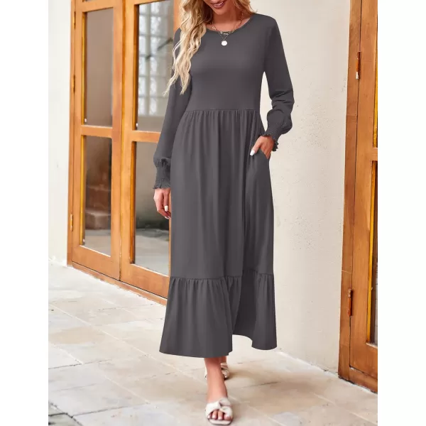 imageZESICA Womens 2023 Fall Long Sleeve Dress Crewneck Casual Loose Pleated Tiered Swing Midi Dresses with PocketsDarkgrey