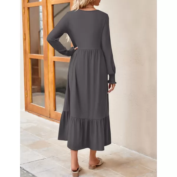 imageZESICA Womens 2023 Fall Long Sleeve Dress Crewneck Casual Loose Pleated Tiered Swing Midi Dresses with PocketsDarkgrey