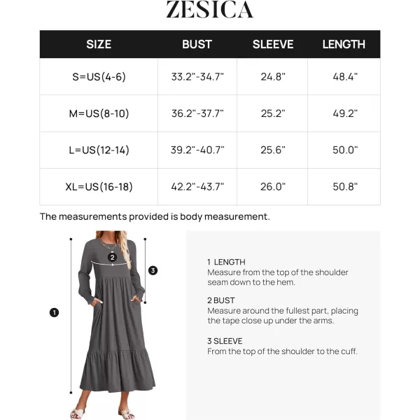 imageZESICA Womens 2023 Fall Long Sleeve Dress Crewneck Casual Loose Pleated Tiered Swing Midi Dresses with PocketsDarkgrey