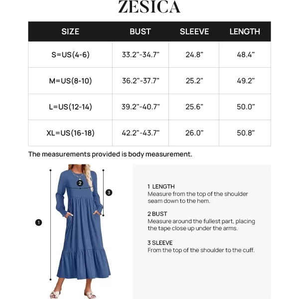 imageZESICA Womens 2023 Fall Long Sleeve Dress Crewneck Casual Loose Pleated Tiered Swing Midi Dresses with PocketsDustyblue