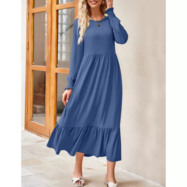 imageZESICA Womens 2023 Fall Long Sleeve Dress Crewneck Casual Loose Pleated Tiered Swing Midi Dresses with PocketsDustyblue
