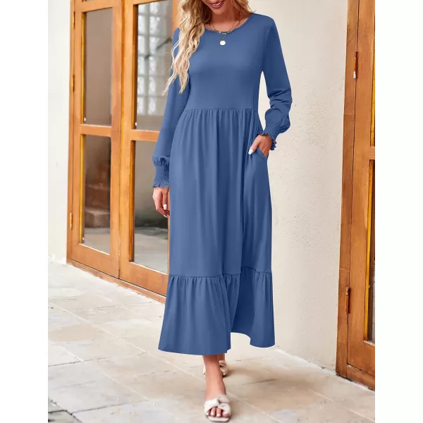 imageZESICA Womens 2023 Fall Long Sleeve Dress Crewneck Casual Loose Pleated Tiered Swing Midi Dresses with PocketsDustyblue