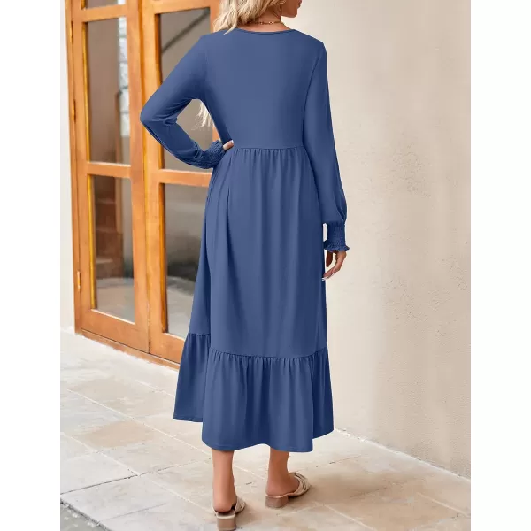 imageZESICA Womens 2023 Fall Long Sleeve Dress Crewneck Casual Loose Pleated Tiered Swing Midi Dresses with PocketsDustyblue