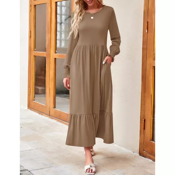 imageZESICA Womens 2023 Fall Long Sleeve Dress Crewneck Casual Loose Pleated Tiered Swing Midi Dresses with PocketsKhaki