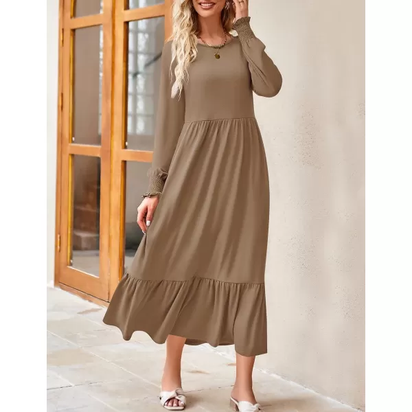 imageZESICA Womens 2023 Fall Long Sleeve Dress Crewneck Casual Loose Pleated Tiered Swing Midi Dresses with PocketsKhaki