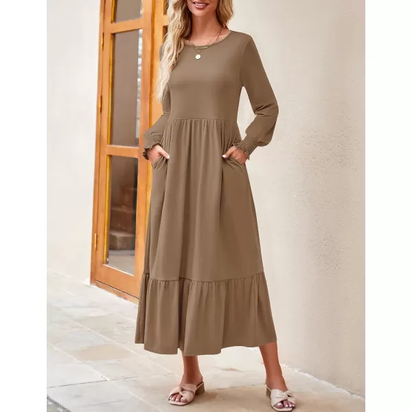 imageZESICA Womens 2023 Fall Long Sleeve Dress Crewneck Casual Loose Pleated Tiered Swing Midi Dresses with PocketsKhaki
