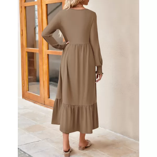 imageZESICA Womens 2023 Fall Long Sleeve Dress Crewneck Casual Loose Pleated Tiered Swing Midi Dresses with PocketsKhaki