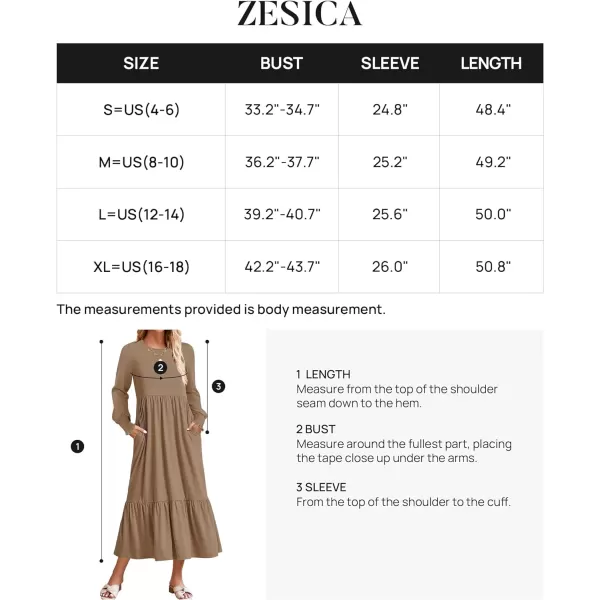 imageZESICA Womens 2023 Fall Long Sleeve Dress Crewneck Casual Loose Pleated Tiered Swing Midi Dresses with PocketsKhaki