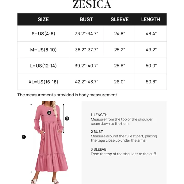 imageZESICA Womens 2023 Fall Long Sleeve Dress Crewneck Casual Loose Pleated Tiered Swing Midi Dresses with PocketsPink