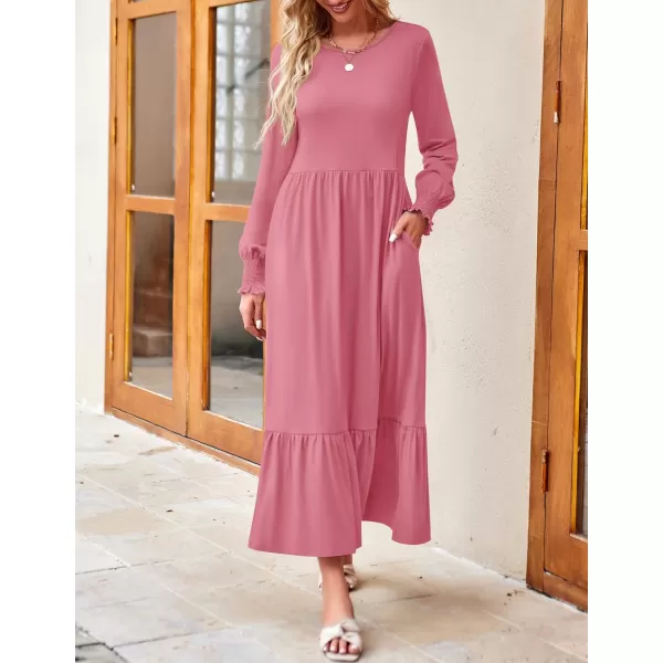 imageZESICA Womens 2023 Fall Long Sleeve Dress Crewneck Casual Loose Pleated Tiered Swing Midi Dresses with PocketsPink
