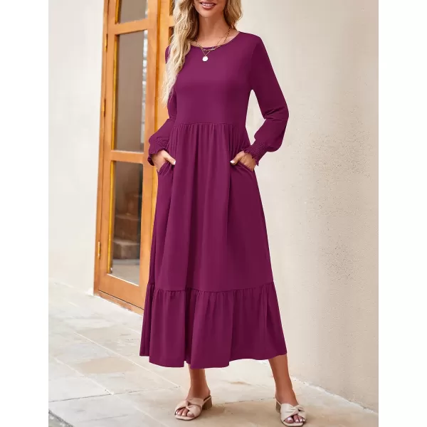imageZESICA Womens 2023 Fall Long Sleeve Dress Crewneck Casual Loose Pleated Tiered Swing Midi Dresses with PocketsPlum