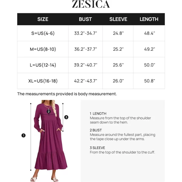 imageZESICA Womens 2023 Fall Long Sleeve Dress Crewneck Casual Loose Pleated Tiered Swing Midi Dresses with PocketsPlum