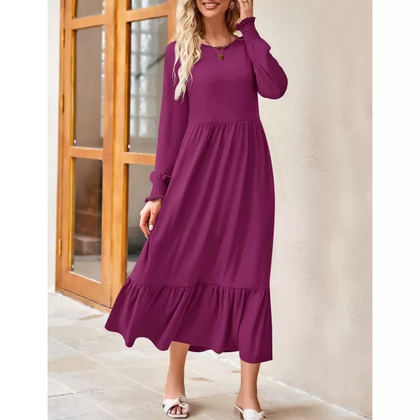imageZESICA Womens 2023 Fall Long Sleeve Dress Crewneck Casual Loose Pleated Tiered Swing Midi Dresses with PocketsPlum